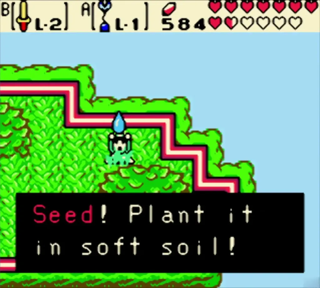 Link holding up a Gasha Seed on the Maku Tree treetop with the Seed! Plant it in soft soil! box Link holding up a Gasha Seed on the Maku Tree treetop with the Seed! Plant it in soft soil! box