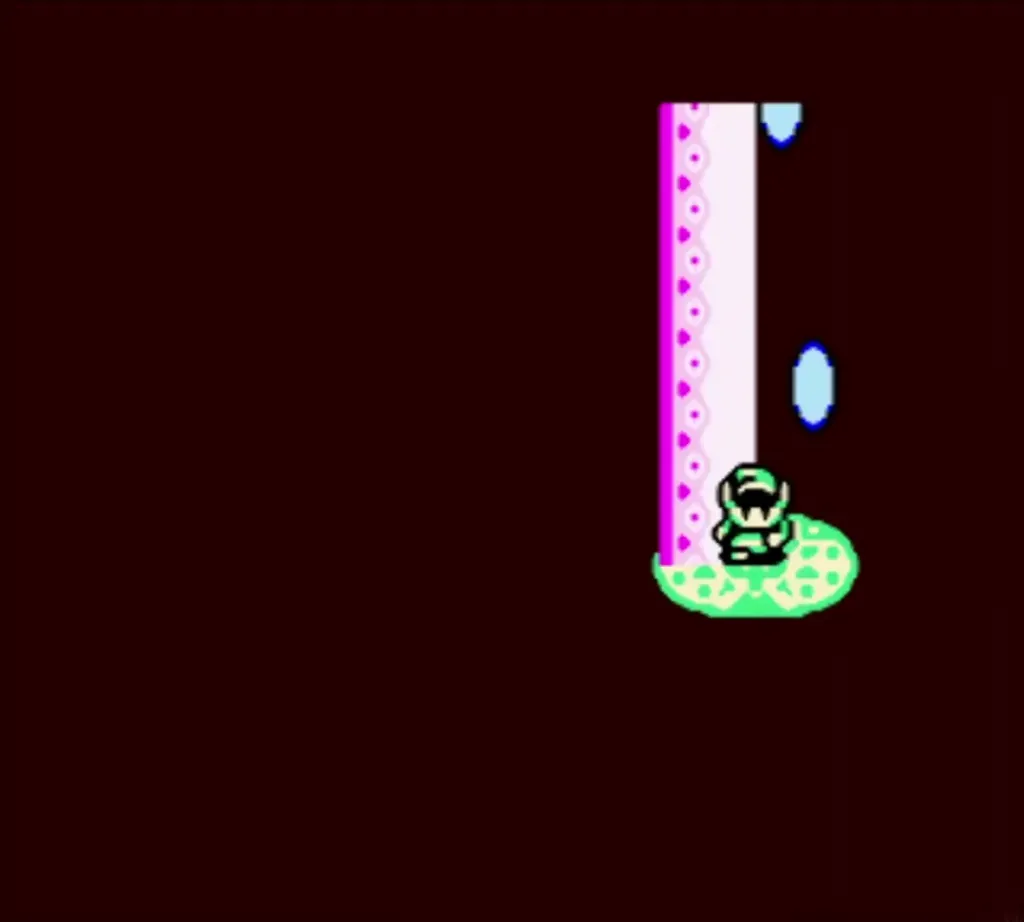Link rising in a pillar of light on a green ring pad during a time warp Link rising in a pillar of light on a green ring pad during a time warp