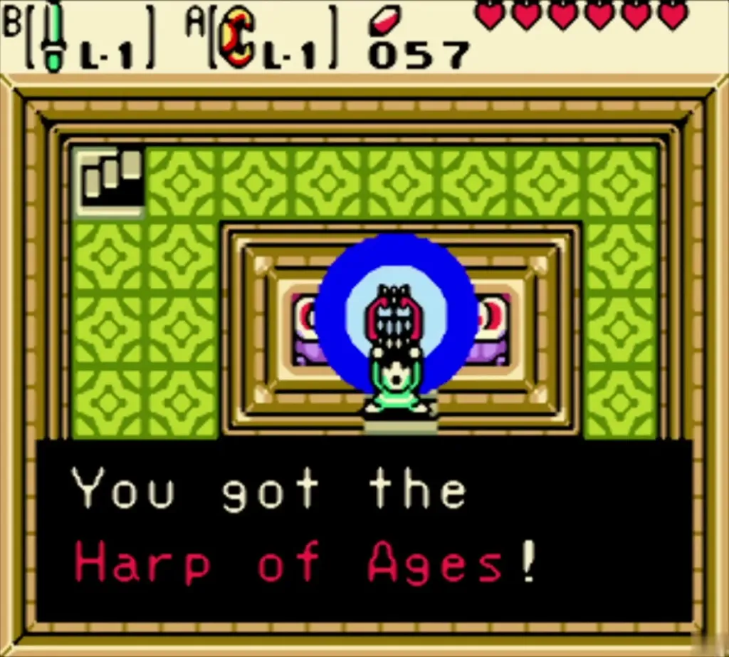 Link holding the Harp of Ages overhead with the item box complete Link holding the Harp of Ages overhead with the item box complete