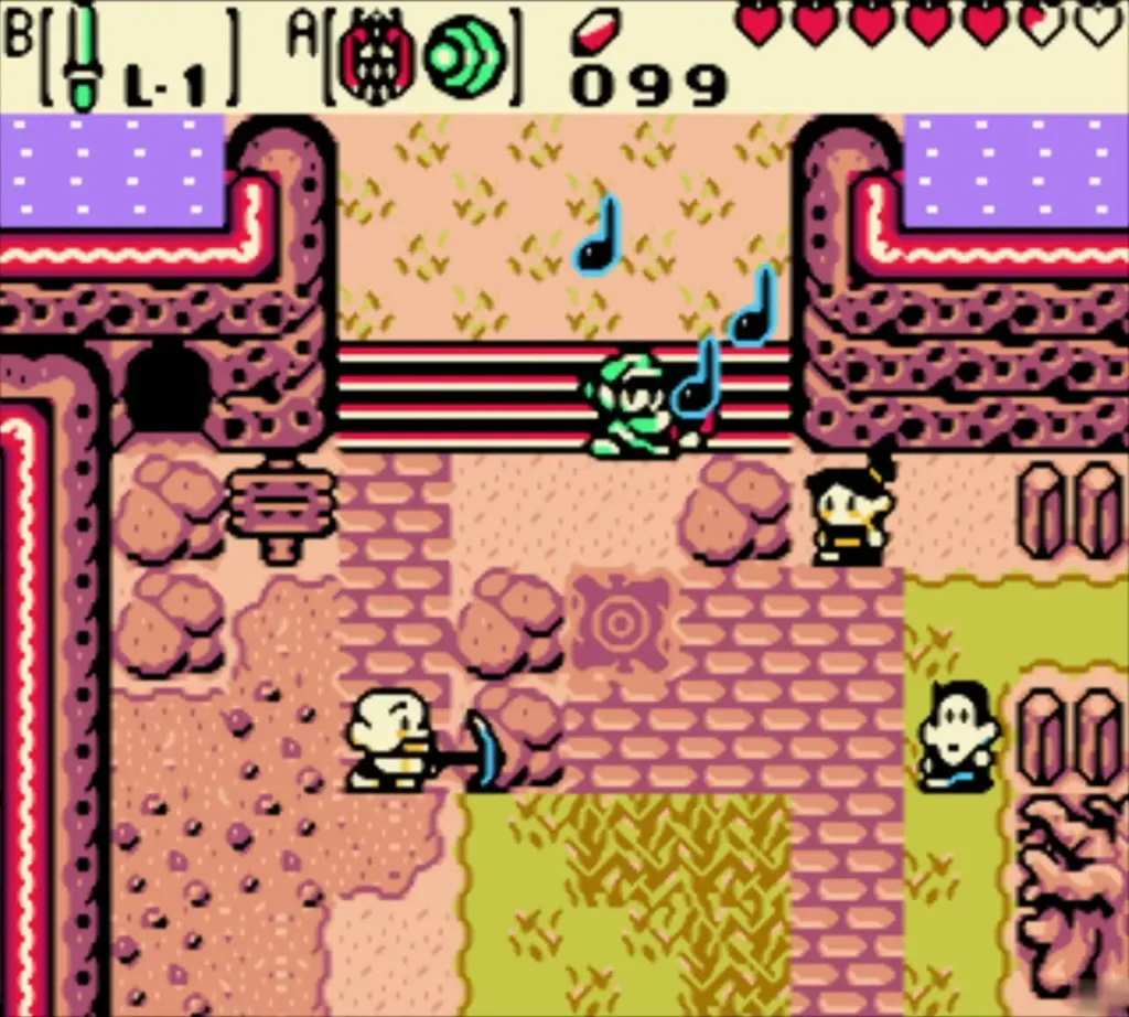 Link playing the Harp of Ages with musical notes rising above him Link playing the Harp of Ages with musical notes rising above him