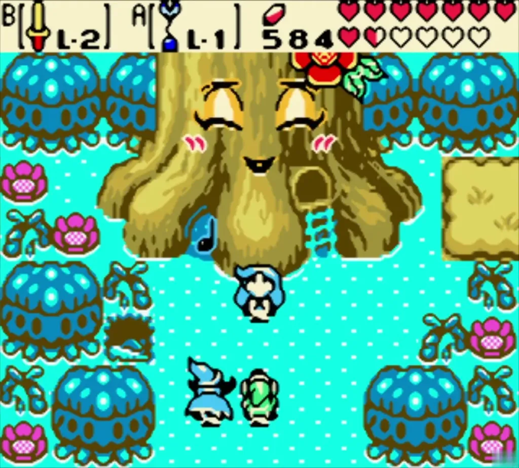 Link playing the harp with notes rising in front of the Maku Tree chamber Link playing the harp with notes rising in front of the Maku Tree chamber