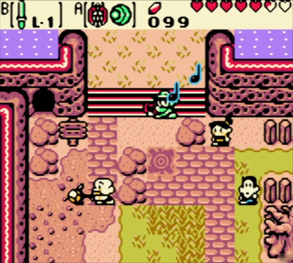 Link beginning to play the Harp of Ages with the first notes rising Link beginning to play the Harp of Ages with the first notes rising