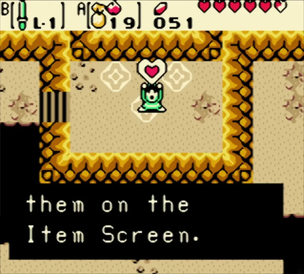 Link holding a heart over his head with the full message about the extra Heart Container