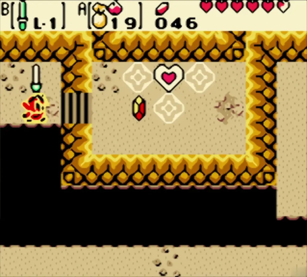 A heart floating in the alcove of the small Deku Forest cave with a Zol at the entrance