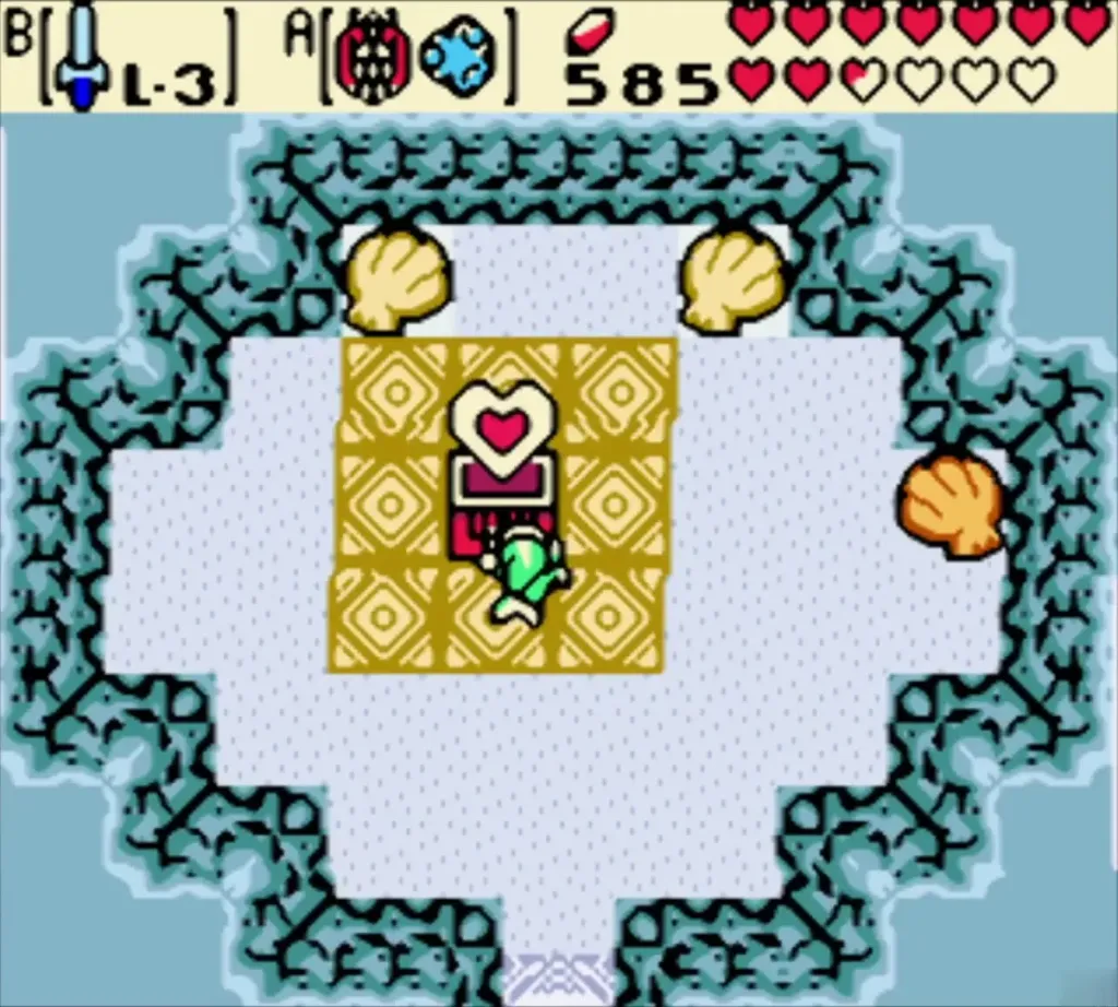 Link beside the golden-tiled chest with a heart rising above it in the undersea cave