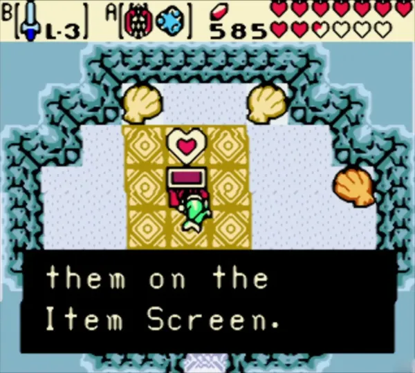 Link holding a heart over his head with the full Piece of Heart message in the golden-tiled cave