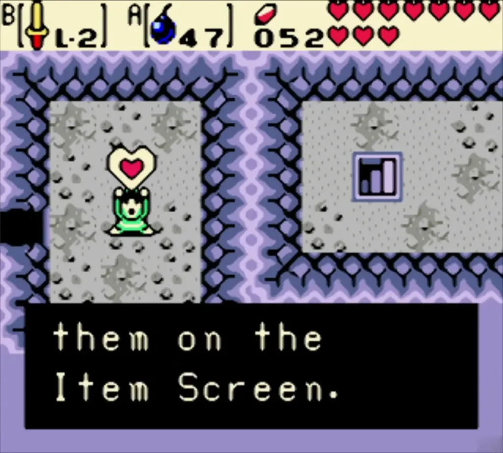 Link holding a heart over his head with the full Piece of Heart message in the Goron tunnel room