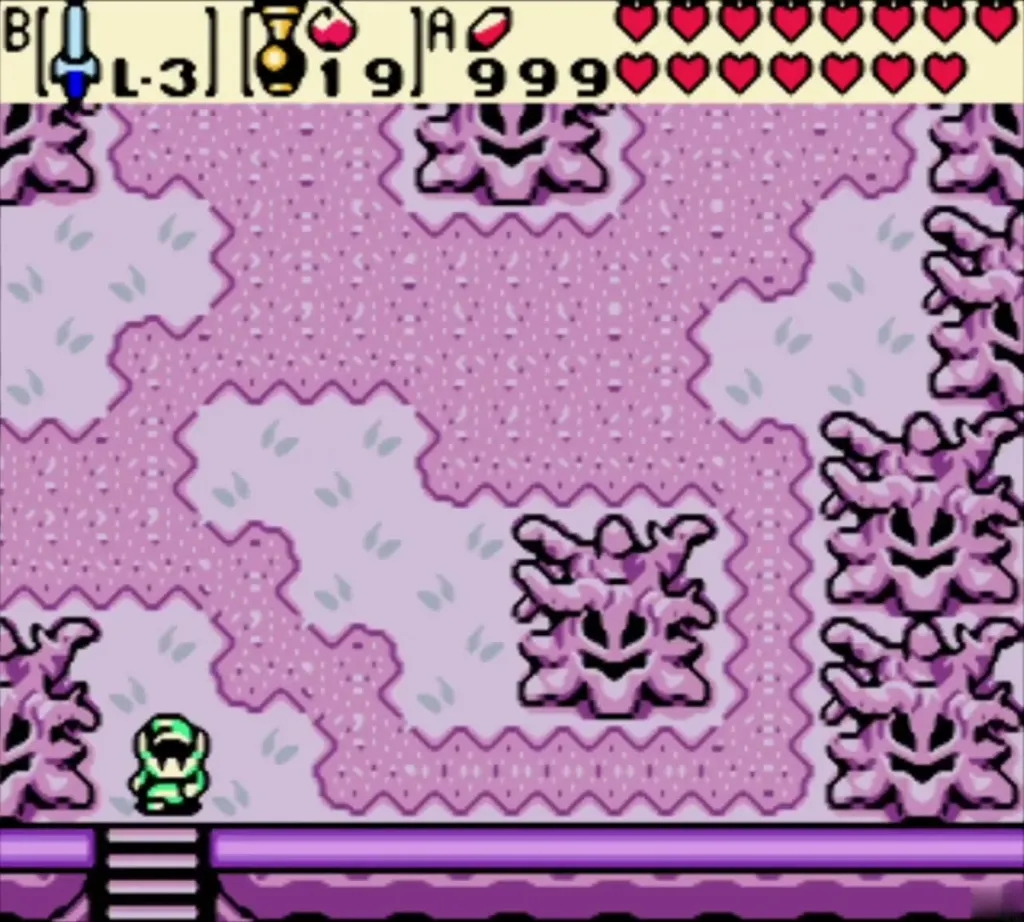 Link walking through the pink grove toward the large grey tree