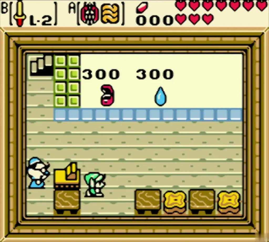 Link beside the shopkeeper in the hidden Lynna shop after the heart is bought, with rupees at zero