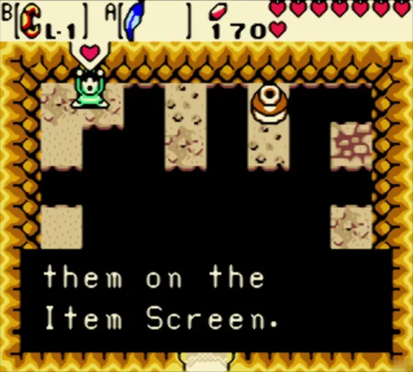 Link holding a heart over his head with the full Piece of Heart message in the west cave