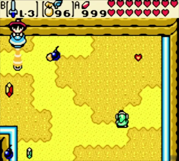 Maple in her blue dress and hat flying above the yellow zone with Link below