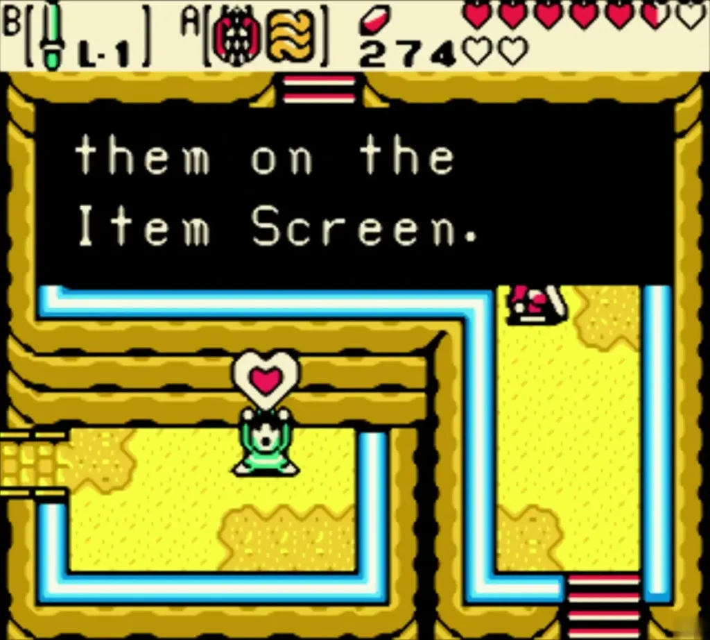 Link holding a heart over his head with the full Piece of Heart message on the ledge