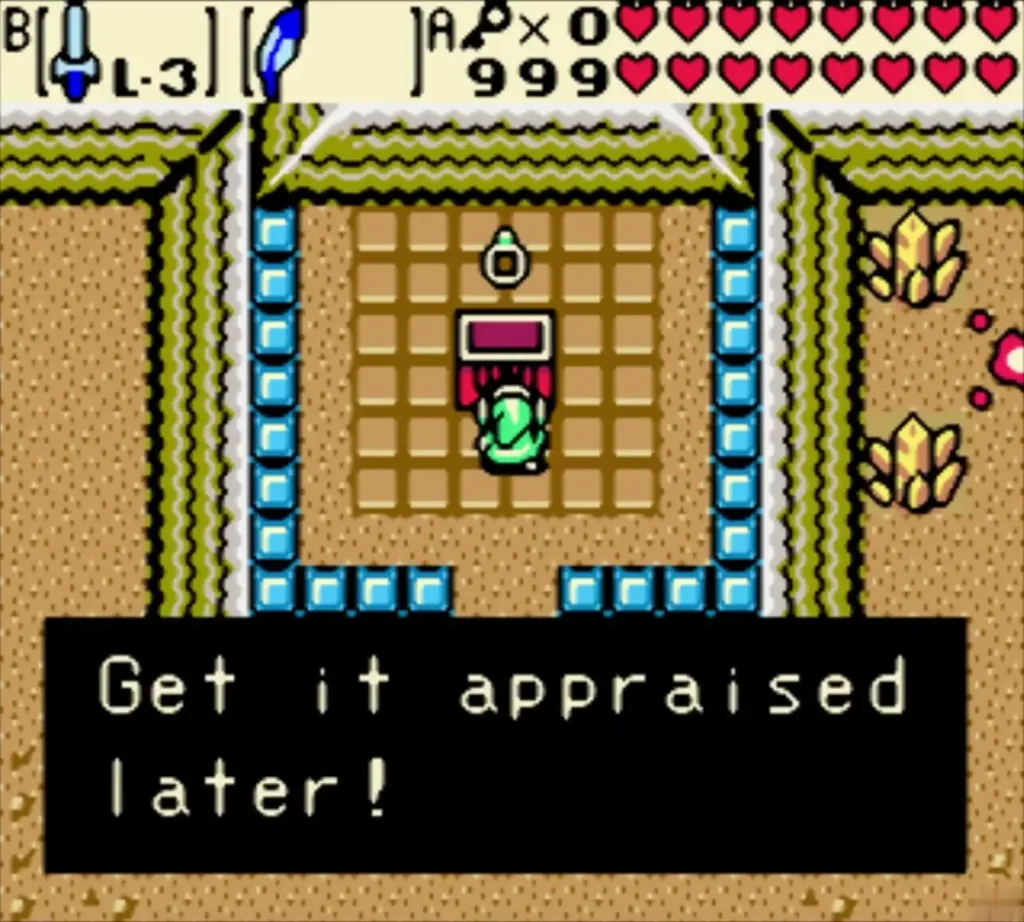 Link holding a ring over his head with the full Get it appraised later message