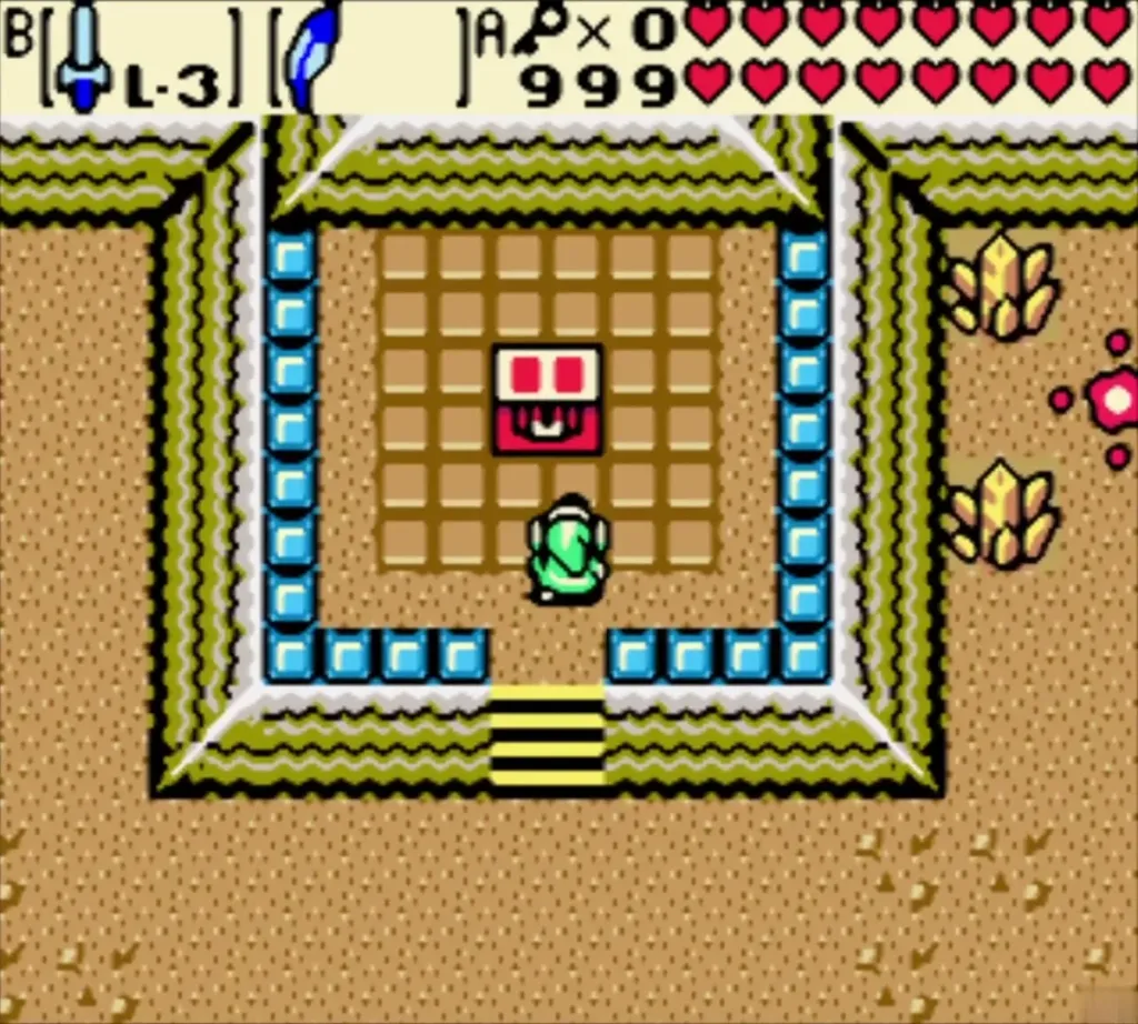 Link below the chest in the enclosed sand room of Hero's Cave with blue-walled edges