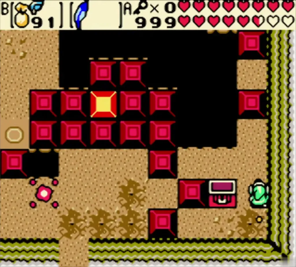 The pedestal chest in the red-block switch room of Hero's Cave with Link at its side