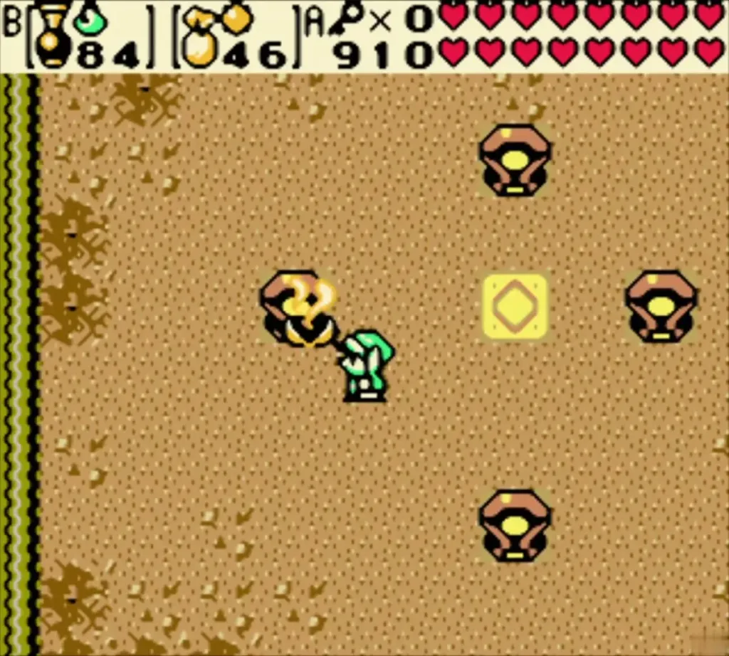 Link in the sand room of Hero's Cave among scattered pots