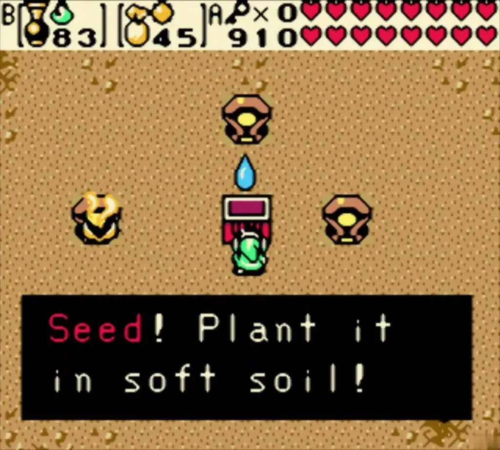 Link under a pot in Hero's Cave with the full Seed! Plant it in soft soil! message