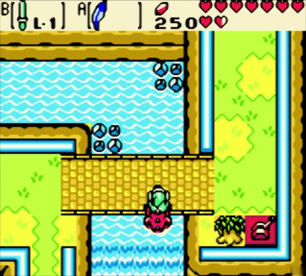 Link riding the red Dimitri across the wooden bridge over the river Link riding the red Dimitri across the wooden bridge over the river