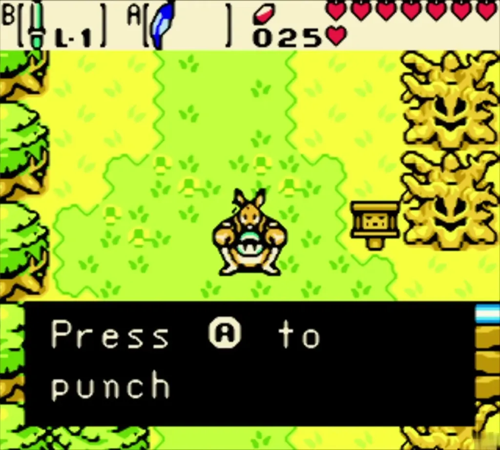 Ricky the kangaroo on the grass with the prompt to press A to punch Ricky the kangaroo on the grass with the prompt to press A to punch