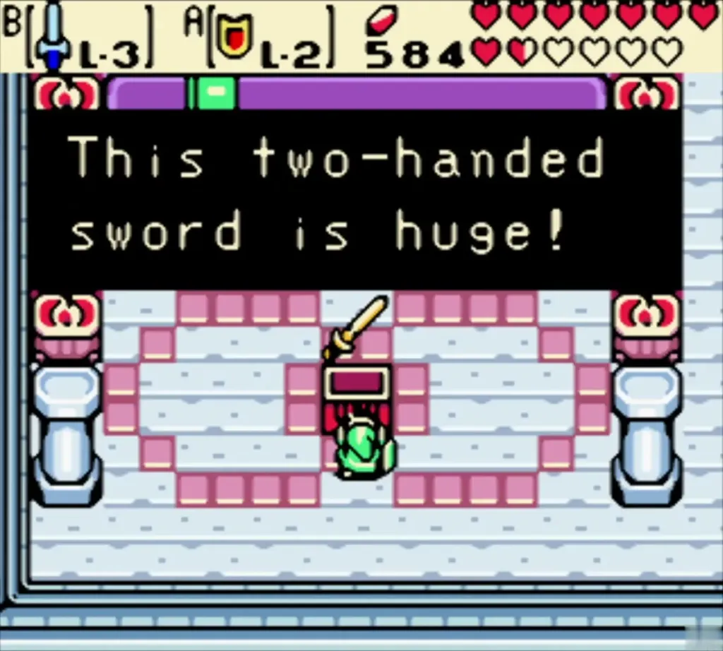 Link holds Biggoron's Sword over his head in the Hall of Secrets chest room Link holds Biggoron's Sword over his head in the Hall of Secrets chest room