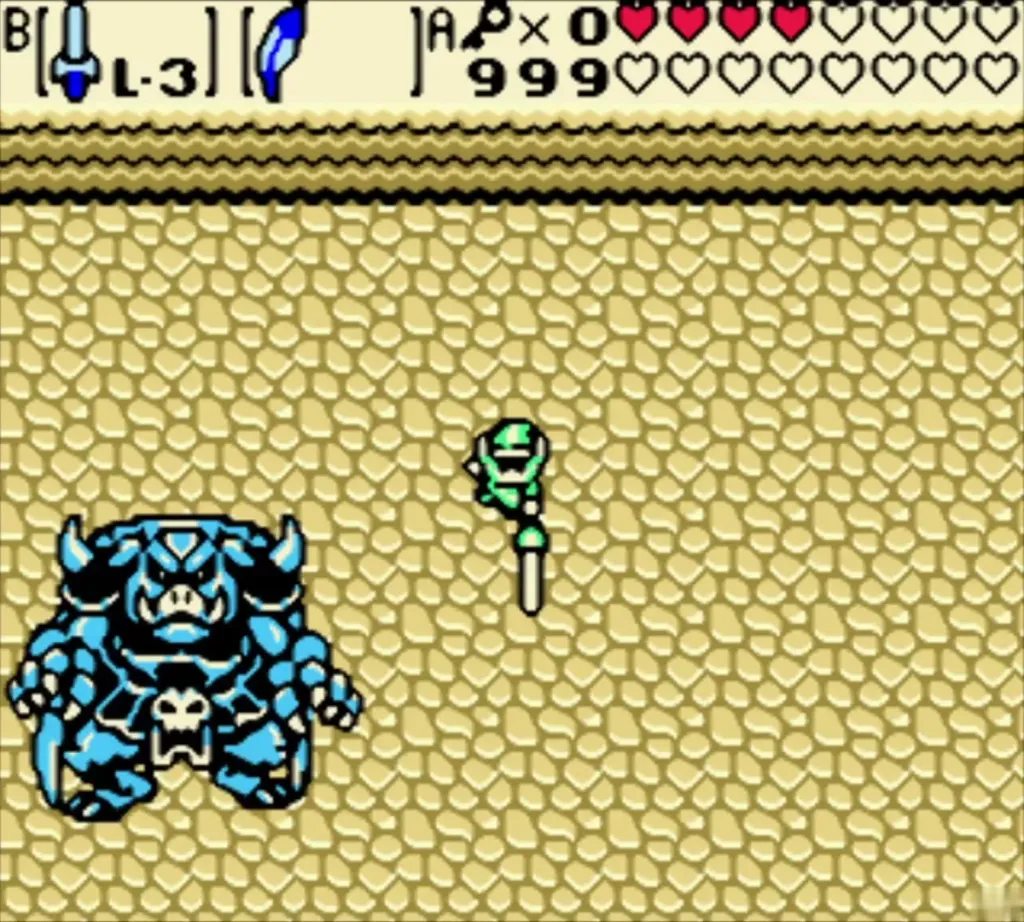 Ganon's blue form on the sand floor of the Room of Rites with Link's sword raised Ganon's blue form on the sand floor of the Room of Rites with Link's sword raised