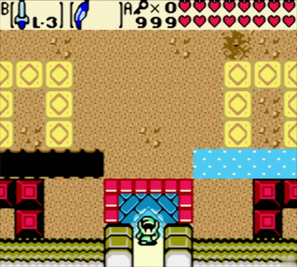 Link at the Hero's Cave doorway between the red pillars Link at the Hero's Cave doorway between the red pillars