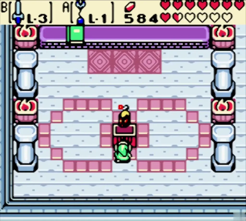 Link standing beside the red chest in the Hall of Secrets, reward about to open Link standing beside the red chest in the Hall of Secrets, reward about to open