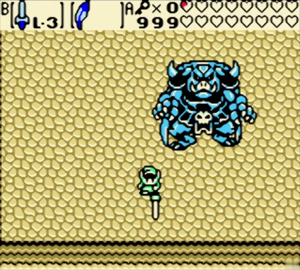 Link striking Ganon on the sand floor as the boss turns toward him Link striking Ganon on the sand floor as the boss turns toward him