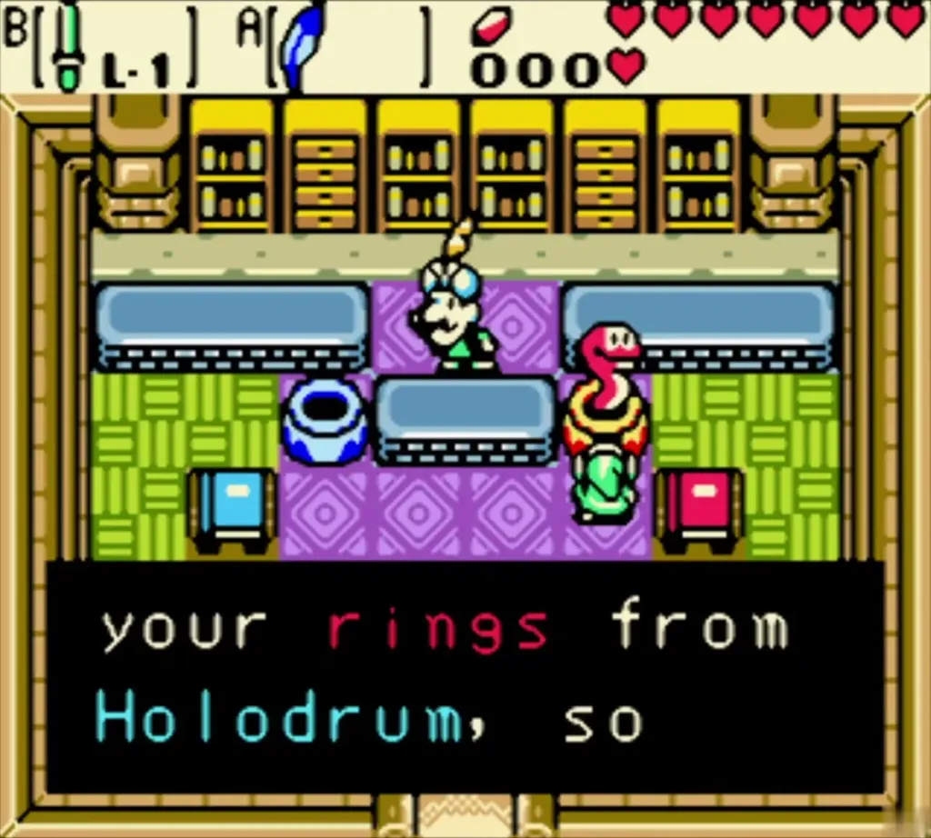 Red Snake telling Link he has brought the rings from Holodrum Red Snake telling Link he has brought the rings from Holodrum
