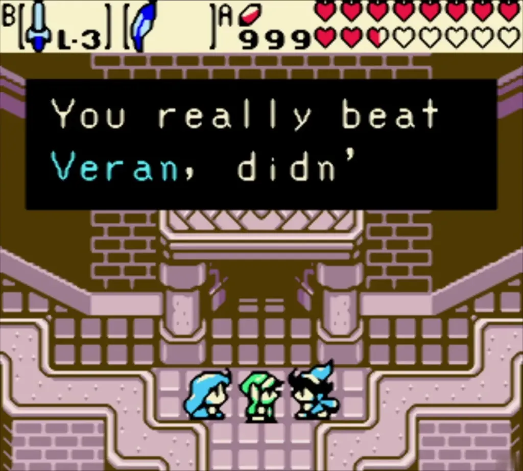 Ralph and Nayru beside Link at the tower top, saying You really beat Veran Ralph and Nayru beside Link at the tower top, saying You really beat Veran