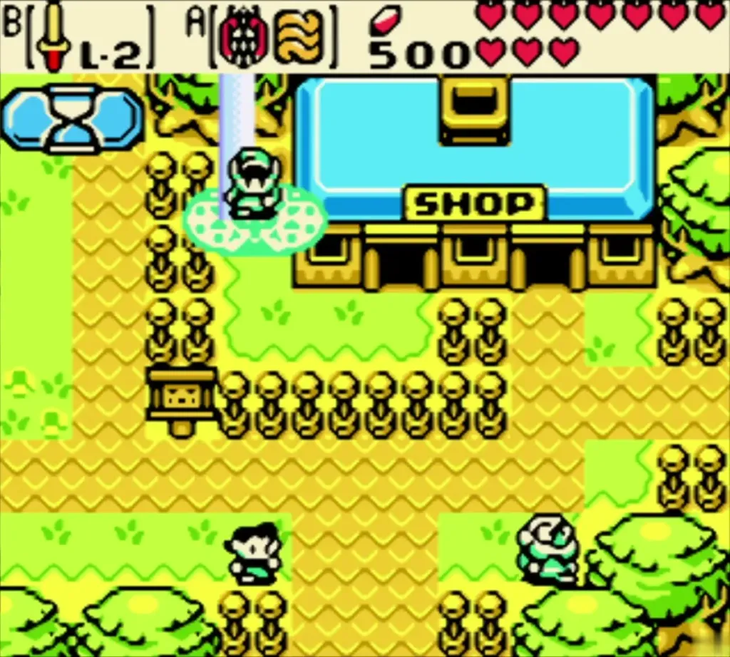 Link standing at the Lynna City shop door after the warp, the SHOP sign above Link standing at the Lynna City shop door after the warp, the SHOP sign above