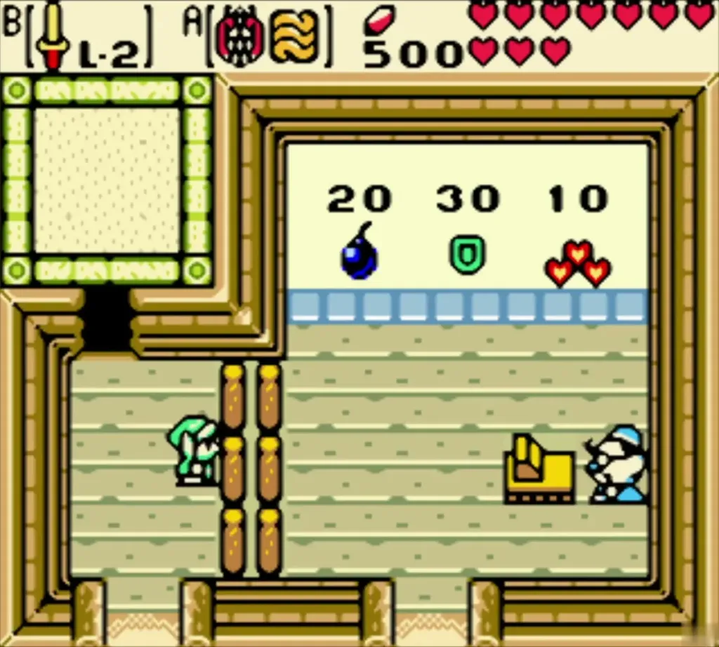 Inside the Lynna City shop with Bombs 20, Wooden Shield 30 and a Heart 10 on the shelf Inside the Lynna City shop with Bombs 20, Wooden Shield 30 and a Heart 10 on the shelf
