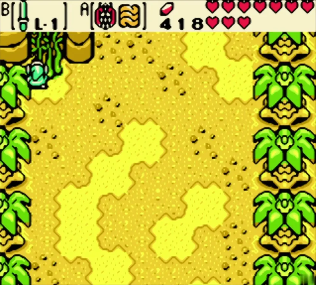 Link on the yellow sand of Crescent Island beside the stone steps and a palm-lined shore Link on the yellow sand of Crescent Island beside the stone steps and a palm-lined shore