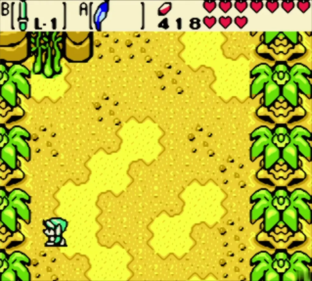 Link walking across the yellow sand of Crescent Island between palm trees Link walking across the yellow sand of Crescent Island between palm trees