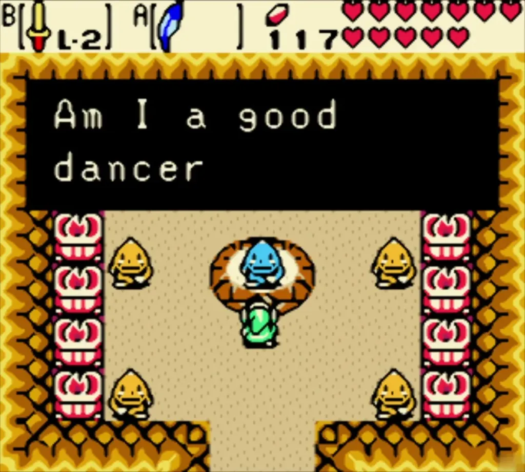 Link matching the Goron dancers' rhythm on the dance floor Link matching the Goron dancers' rhythm on the dance floor