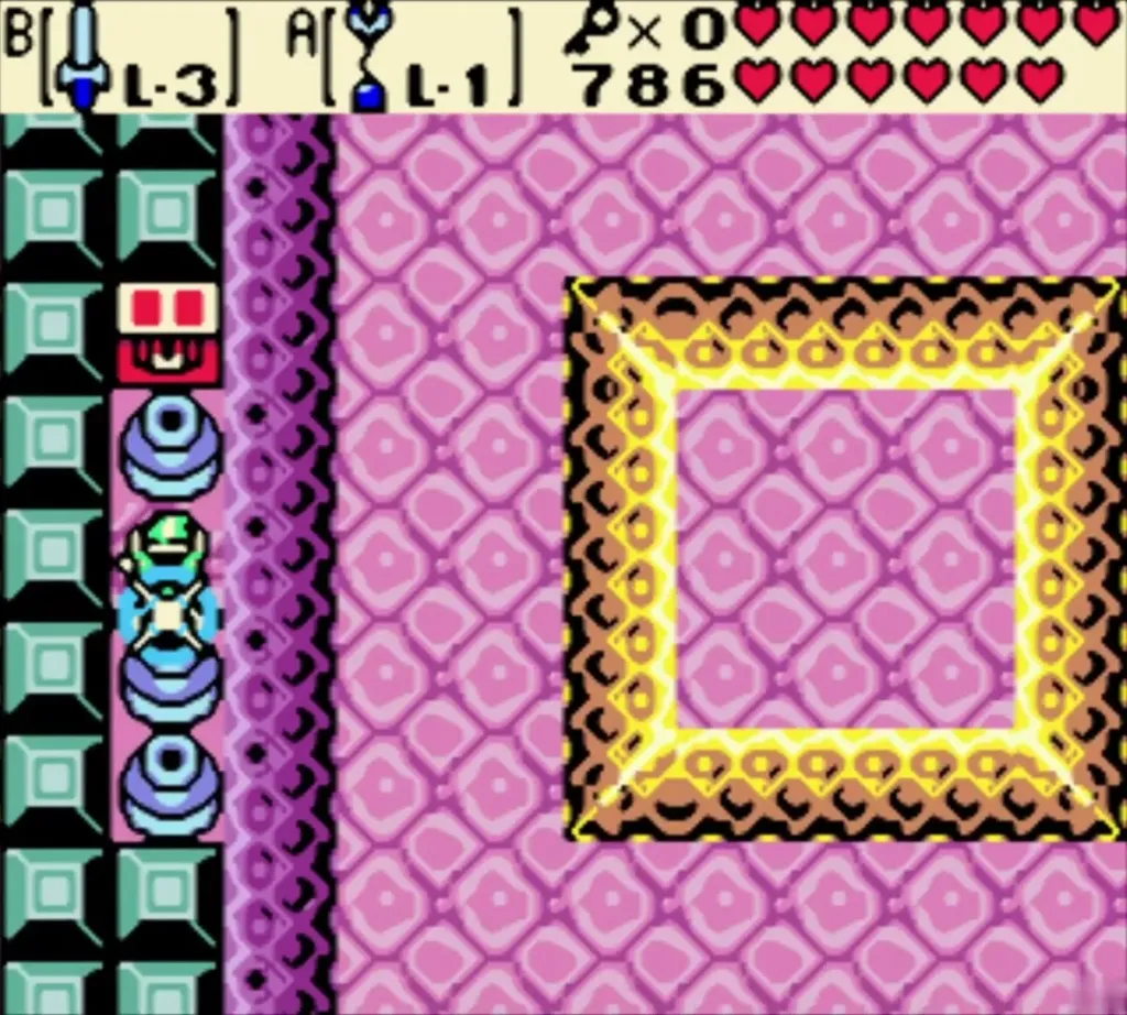 Link on the blue rollers in Jabu-Jabu's Belly pink room with a chest at the top left Link on the blue rollers in Jabu-Jabu's Belly pink room with a chest at the top left