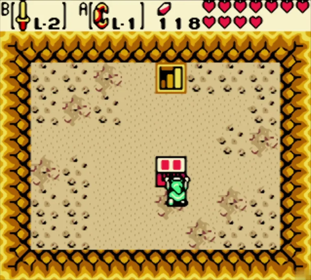 Link standing beside the red chest in the sandy Moblin Fortress room Link standing beside the red chest in the sandy Moblin Fortress room