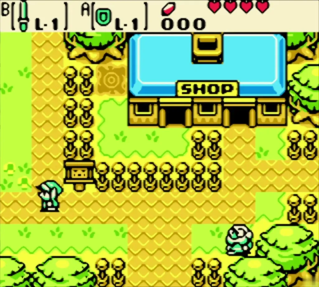 The Lynna City shop building with its SHOP sign on the dirt road where Link arrives
