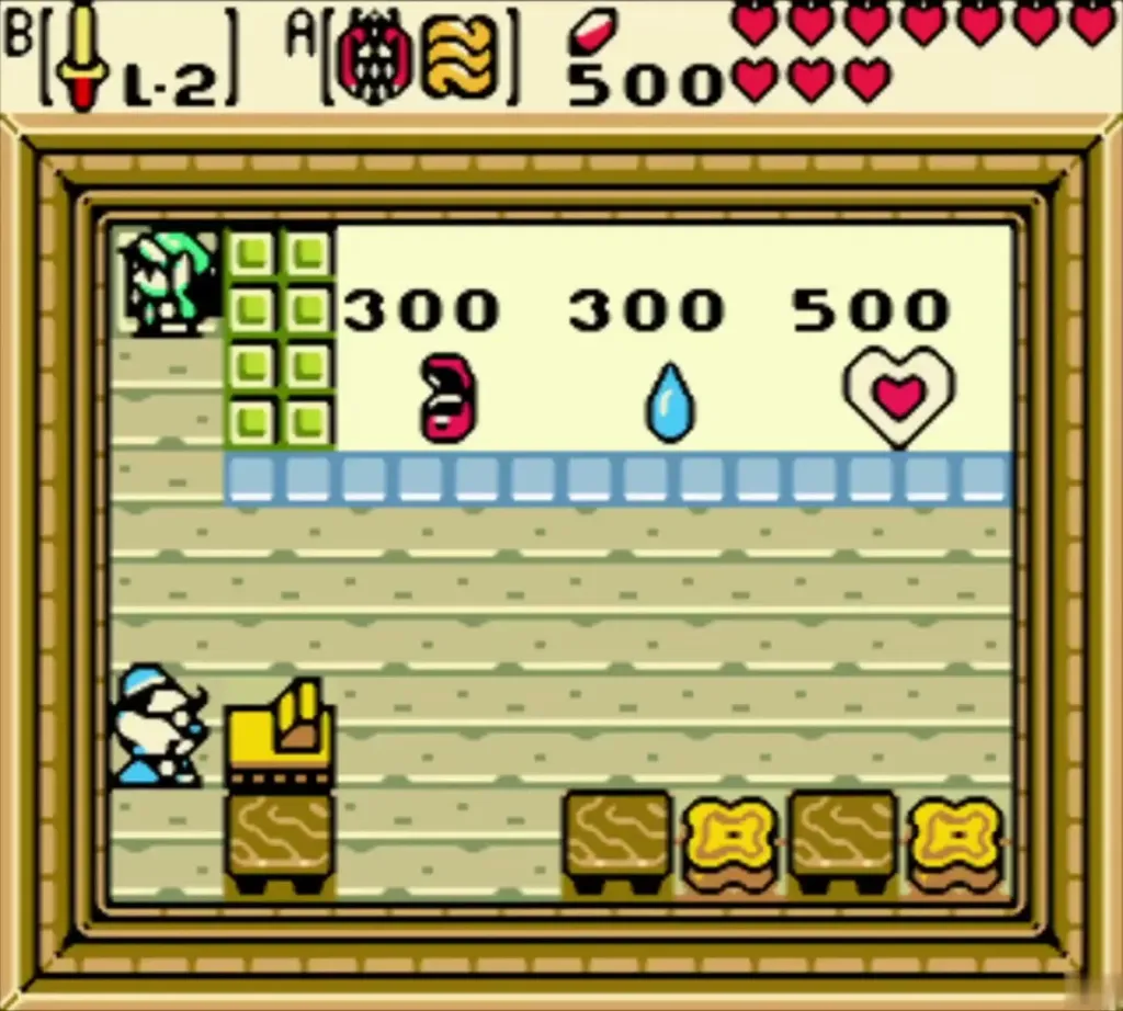 The Lynna City secret shop shelves with 300 and 500 Rupee prices and a shopkeeper behind the counter The Lynna City secret shop shelves with 300 and 500 Rupee prices and a shopkeeper behind the counter