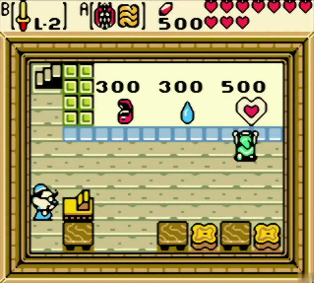 Shopkeeper behind the counter in the Lynna City secret shop with the 300 and 500 Rupee prices Shopkeeper behind the counter in the Lynna City secret shop with the 300 and 500 Rupee prices