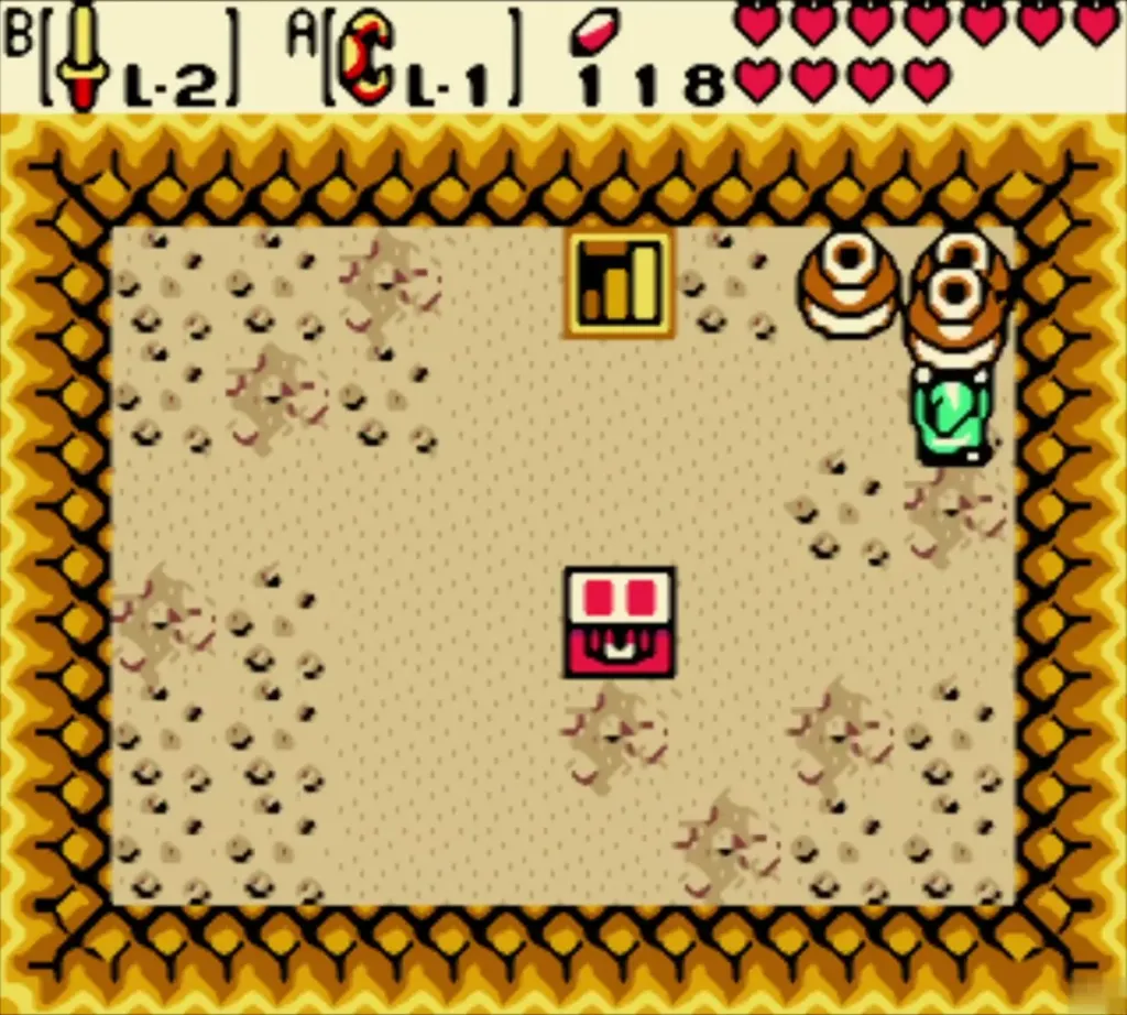 Link entering the sandy chamber in the Moblin Fortress with a chest and pots Link entering the sandy chamber in the Moblin Fortress with a chest and pots