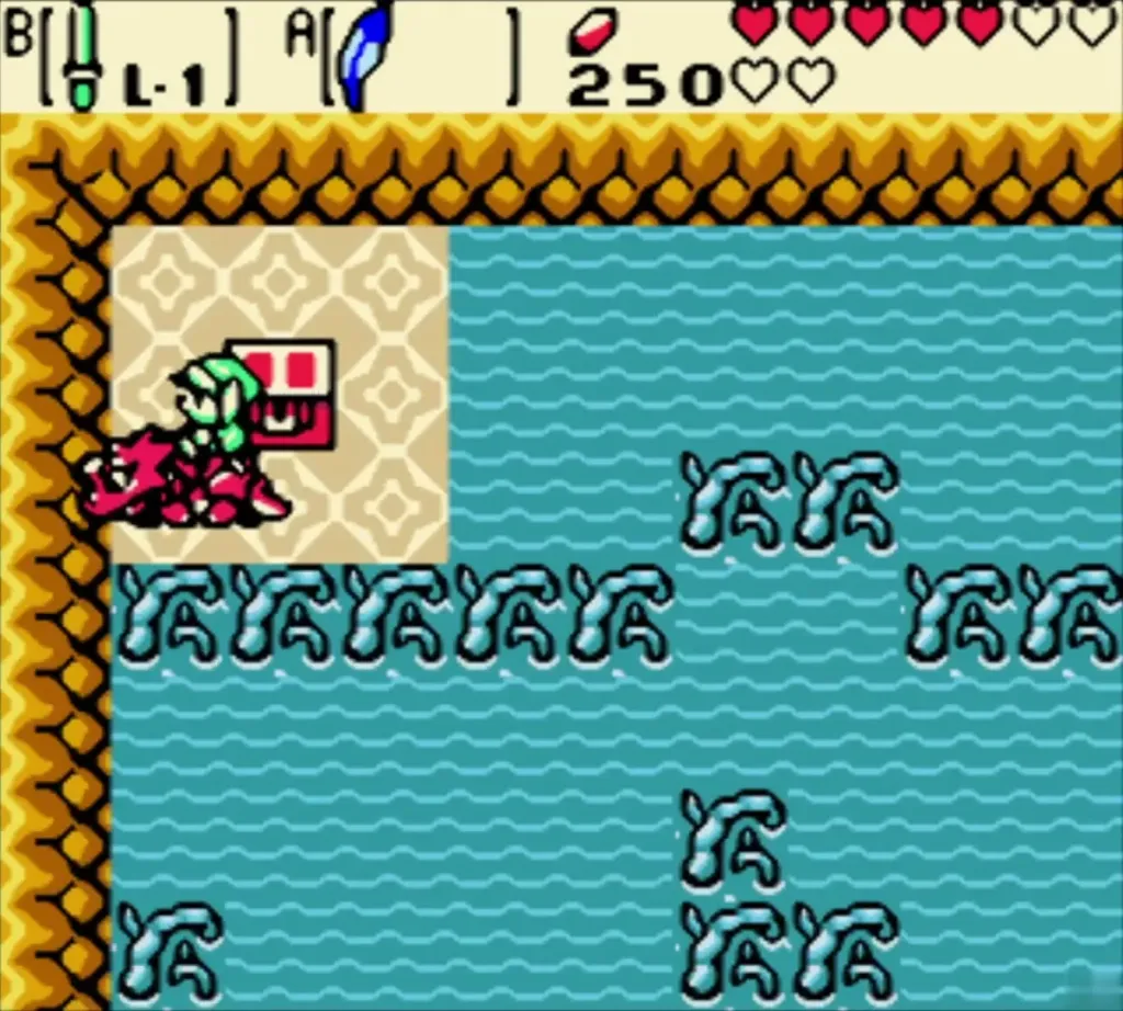 Link reaching the chest on the sand islet in the Zora Seas Link reaching the chest on the sand islet in the Zora Seas