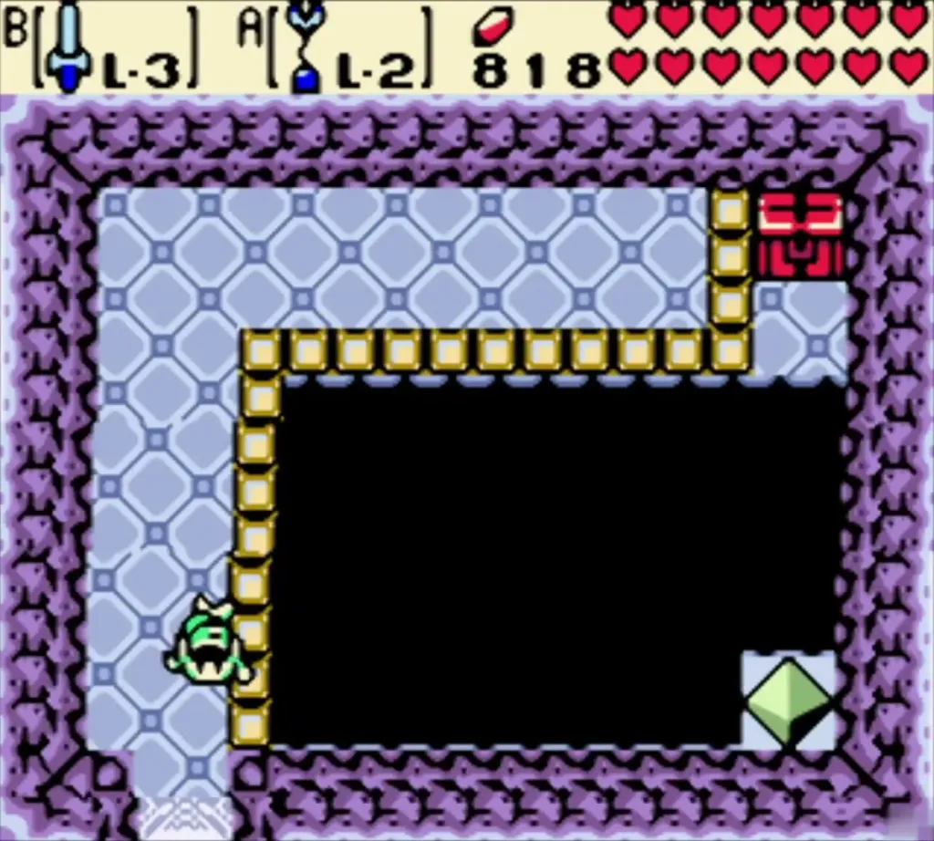 Link walking through the purple cave toward the red chest in the upper right Link walking through the purple cave toward the red chest in the upper right