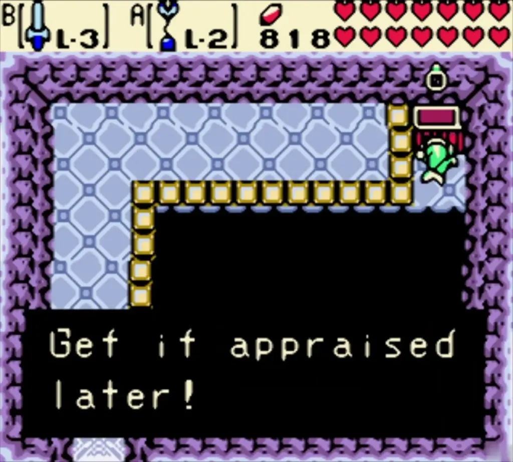 Link at the cave chest holding up the ring with the Get it appraised later message Link at the cave chest holding up the ring with the Get it appraised later message