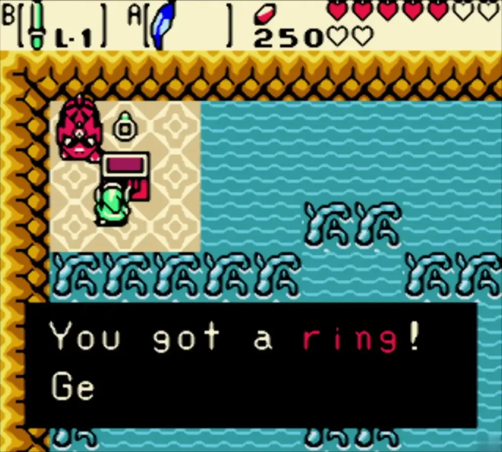 Link holding up the ring from the sea islet chest Link holding up the ring from the sea islet chest