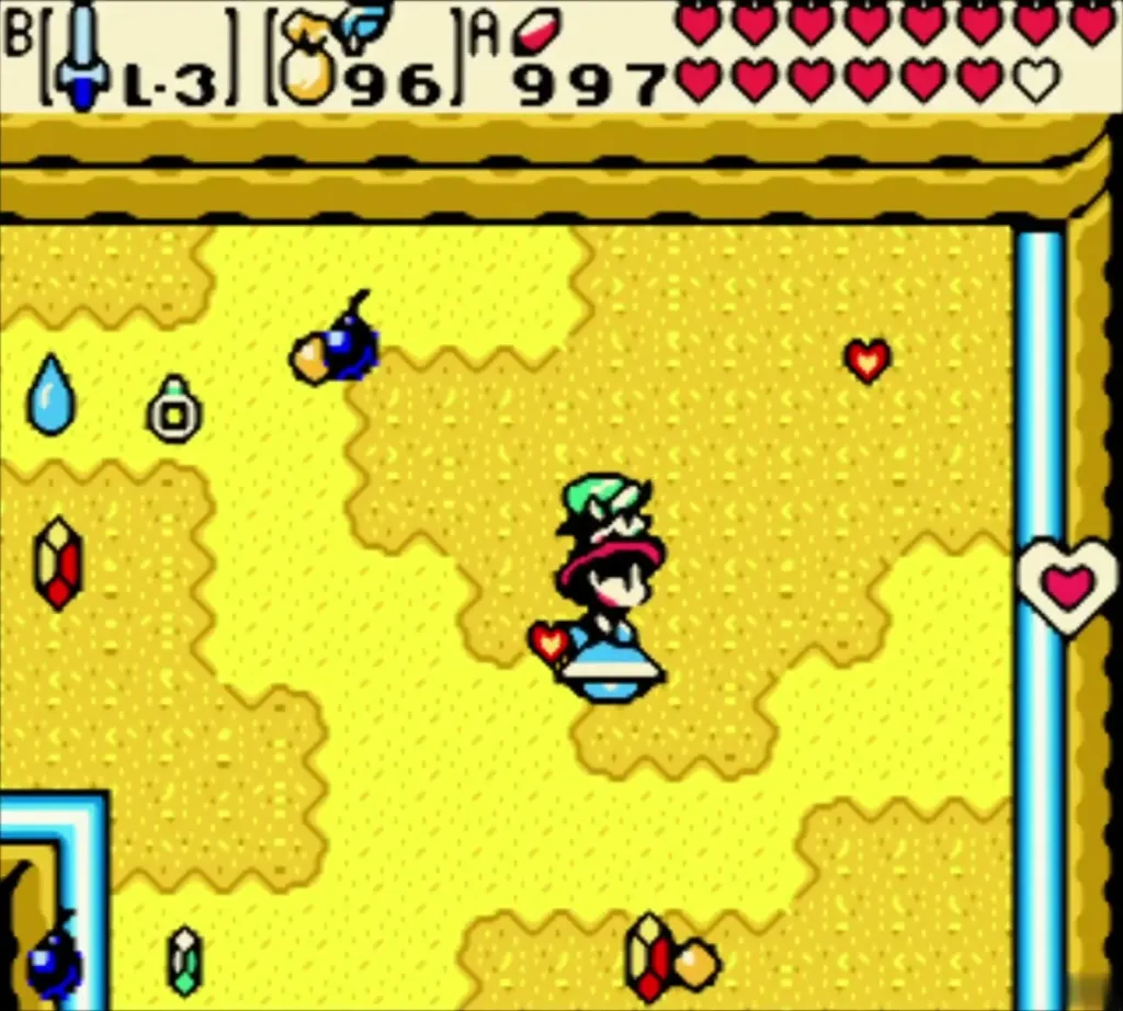 Maple flying beside Link amid the hearts and rupees she dropped on the yellow field Maple flying beside Link amid the hearts and rupees she dropped on the yellow field