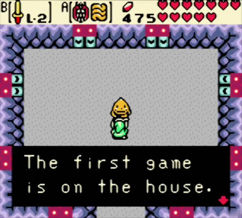 The tired Goron telling Link the first Big Bang game is on the house The tired Goron telling Link the first Big Bang game is on the house