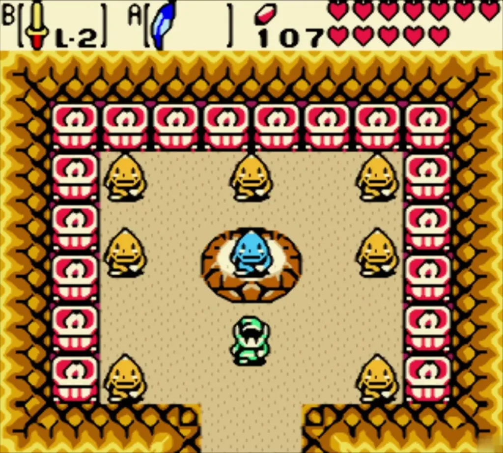 Link on the Goron Dance floor with Gorons seated around the hall Link on the Goron Dance floor with Gorons seated around the hall