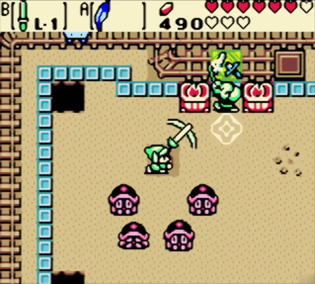 Link swatting Hardhat Beetles while the cart rolls along the track above him Link swatting Hardhat Beetles while the cart rolls along the track above him