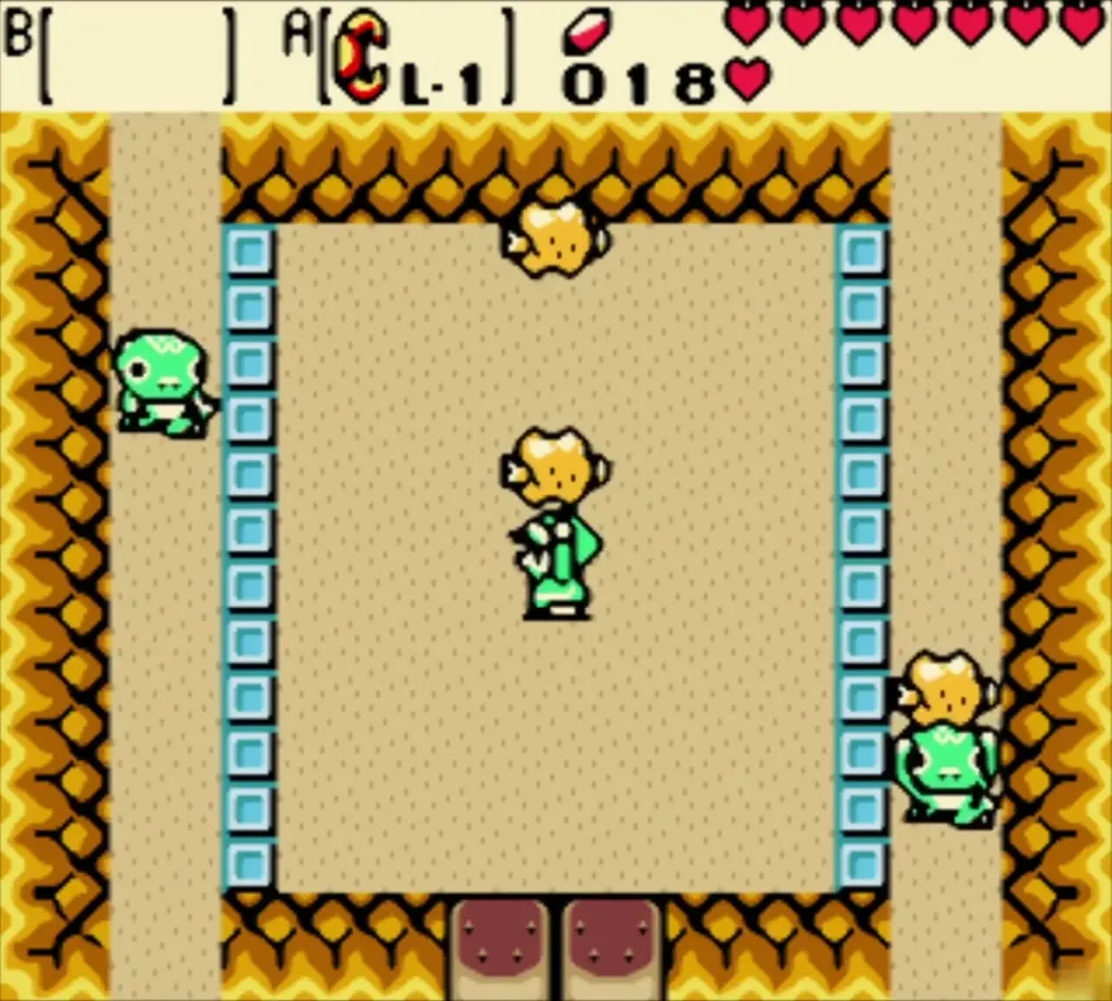 Link holding meat overhead as a Tokay runs in from the left in the Wild Tokay cave Link holding meat overhead as a Tokay runs in from the left in the Wild Tokay cave